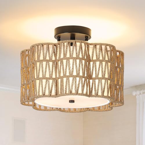 Stepeak Rattan Deckenlampe Wohnzimmer, 3-flammige Boho Deckenleuchte mit Rattan und Leinen Lampenschirm, Bauernhaus Rattan Deckenleuchte Bambus, Rustikale Deckenlampe für Schlafzimmer Küche Flur Büro von Stepeak