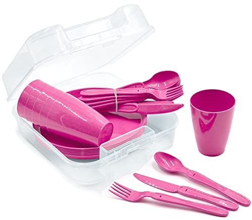 31-teiliges Picknick-Set, Picknickkorb und Mehrweggeschirr für 6 Personen, idealer Picknickkoffer für Camping, Strand, Wohnmobil, und Rucksackreisen (Pink) von Stephans Möbelbörse