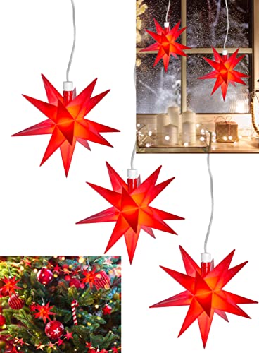 3X LED 3D Leuchtstern zum hängen - Ø12cm - Weihnachtsstern beleuchtet Fenster Deko Advent Stern - mit Batterie und Timer Rot von Stephans Möbelbörse