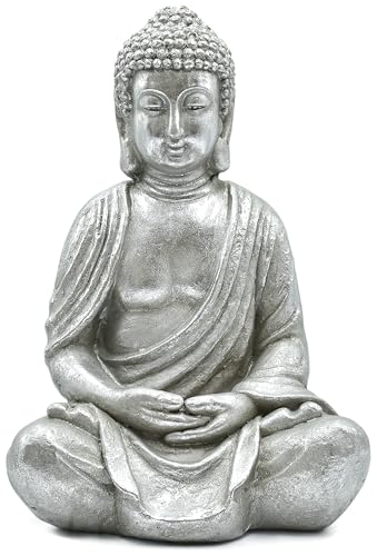 Buddha Figur sitzend 48cm groß, Dekofigur für Wohnzimmer und Bad, Buddhafigur meditierend, Feng Shui, Deko Skulptur, Statue, Silber von Stephans Möbelbörse