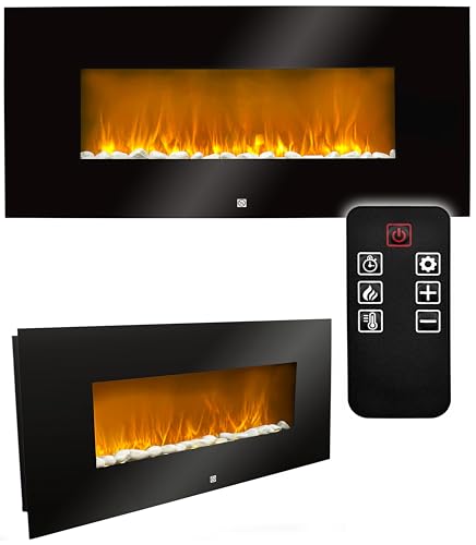 Elektrokamin Wandmontage 94cm – Elektrischer Kamin mit LED Flammeneffekt & Heizfunktion 2000W – Wandkamin mit Thermostat Timer & Fernbedienung – Design Kaminofen ohne Schornstein, Schwarz von Stephans Möbelbörse