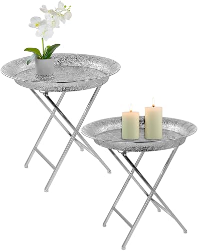 Stephans Möbelbörse 2er Set Beistelltisch Orientalisch aus Metall rund Ø54cm Wohnzimmertisch Sofatisch Couchtisch Tablett Teetisch Tisch klappbar Silber von Stephans Möbelbörse
