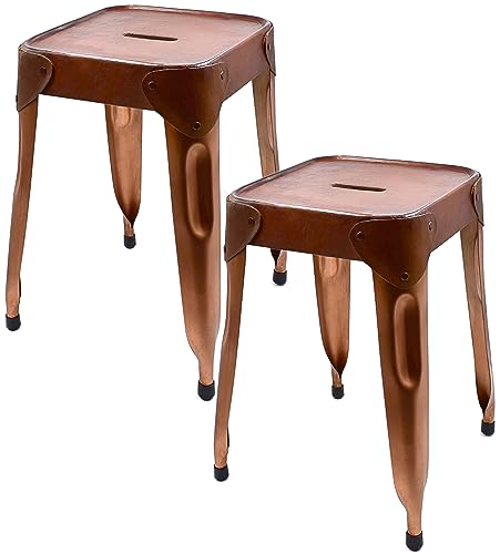 Stephans Möbelbörse 2er Set Metall Hocker mit Ledersitzfläche, niedriger Barhocker, Sitzhöhe 46cm Tresenhocker, Eisen Bistrohocker im Industrie Design, Kupfer von Stephans Möbelbörse