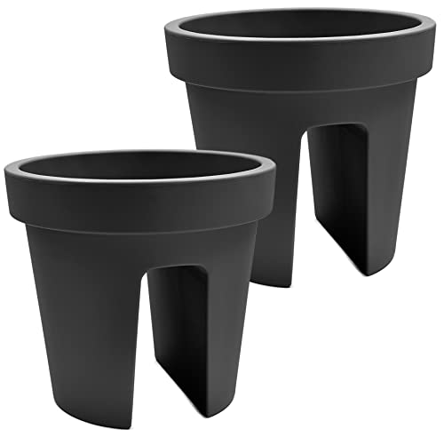 Stephans Möbelbörse 2er Set XL Balkon-Blumenkasten rund 28cm, Geländertopf, Balkonkasten, Blumentopf, Pflanztopf Railing 13L (Schwarz) von Stephans Möbelbörse
