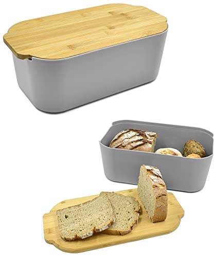 Stephans Möbelbörse Brotkasten mit Bambusdeckel, Brotbox, Deckel als Schneidbrett verwendbar, pflegeleichte Aufbewahrungsbox für Lebensmittel - Grau von Stephans Möbelbörse