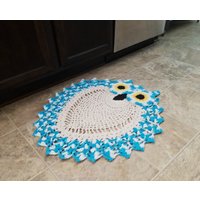 2 Ton Hand Gehäkelte Aqua Blau Und Weiß Eulen Teppich - Grandmillennial von StephieStyleStudios