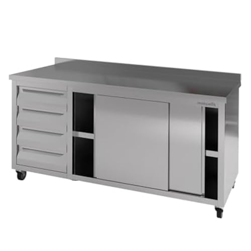 Edelstahl-Vorbereitungstisch mit Schubladen, Schiebetüren und Rädern, kommerzieller Küchen-Arbeitstisch mit Spritzschutz und Unterregal, kommerzieller Arbeitsplatz für Restaurant (Siver II, 160 x 58,4 von Stepnext