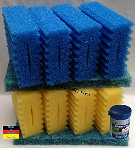 Steppan 8 Stück Filterschwämme 4 Blaue und 4 gelbe -Plus- 2 Stück Biomatten passend für SunSun CBF 350 B + 100 ml Filterstarter. Auch für Osaga, Pondlife, Atlantis und OTF. von Steppan