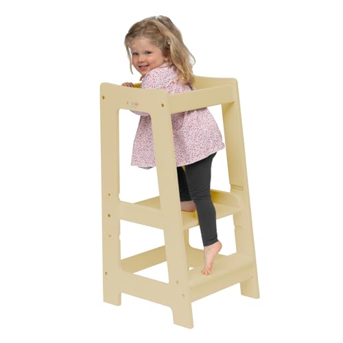 Stepup Baby Montessori Lernturm Tritthocker | Hochstuhl | Höhenverstellbar | Küchenhelfer | Sicherheitsgeländer | Für Kinder von 18 Monaten bis 5 Jahren - Natur-Finish von Stepup Baby