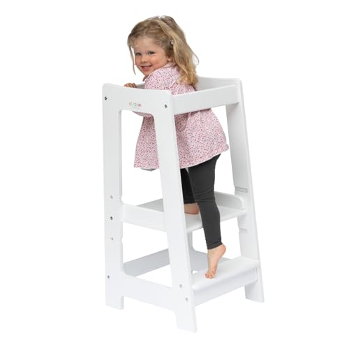 Stepup Baby Montessori Lernturm Tritthocker | Hochstuhl | Höhenverstellbar | Küchenhelfer | Sicherheitsgeländer | Für Kinder von 18 Monaten bis 5 Jahren - Weiss von Stepup Baby
