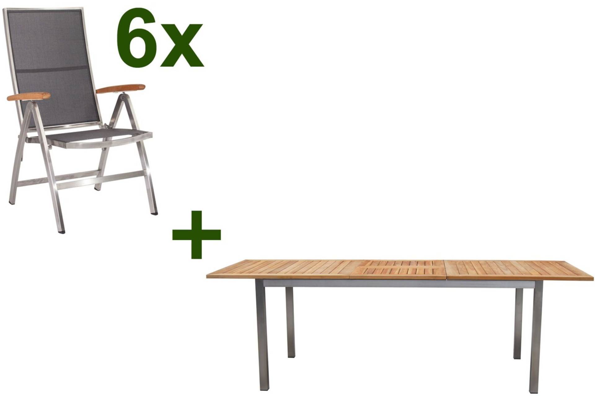 STERN Cardiff Esstischgruppe, silber/silbergrau, Edelstahl/FSC-Teak, Tisch 180/240 x 100 cm, 6 Multipositionssessel von Stern