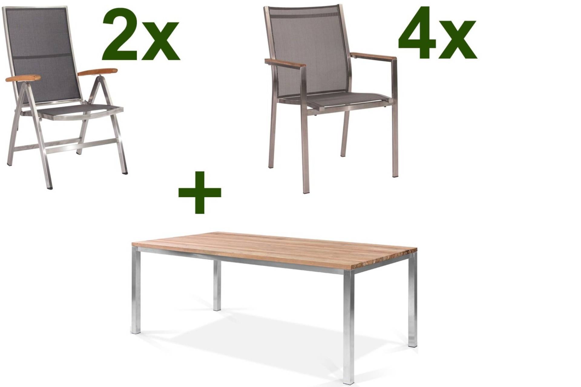 STERN Cardiff Esstischgruppe, silber/silbergrau, Edelstahl/Teak, Tisch 200 x 100 cm, 4 Stapel-, 2 Multipositionssessel von Stern