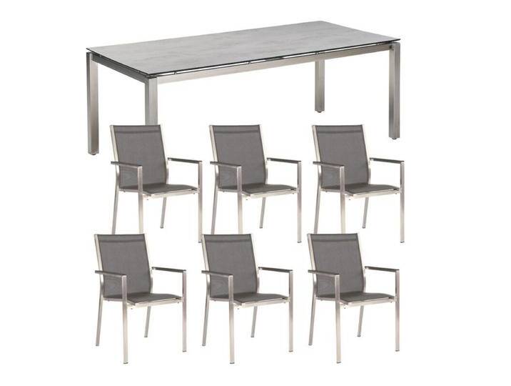 CASA DOMA, Stern, Cardiff Gartenmöbel-Set 7-teilig mit CASA DOMA Gartentisch Carini 210x100 cm - HPL Chromix silber, Geradlinig & pur, stapelbar, Tischbein mit Höhenausgleich CASA DOMA, Stern, Cardiff Gartenmöbel-Set 7-teilig mit CASA DOMA Gartentisch Carini 210x100 cm - HPL Chromix silber, Geradlinig & pur, stapelbar, Tischbein mit Höhenausgleich von Stern