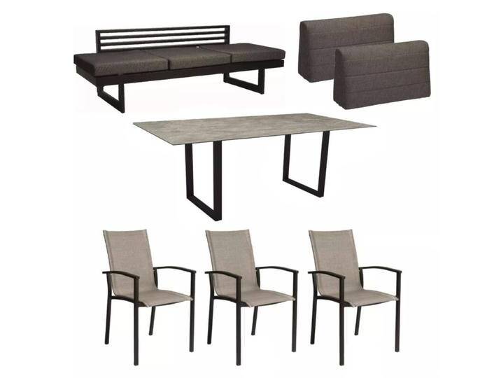 Stern Gartenmöbel-Set mit 3x Stuhl Evoee, Dining Bank New Holly und Kufentisch Aluminium schwarz matt/HPL - HPL Slate Stone von Stern