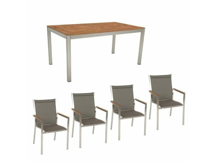 Stern Gartenmöbel-Set mit Stuhl Cardiff und Tisch Classic Edelstahl/Teak, 5-teilig - Textilgewebe taupe von Stern