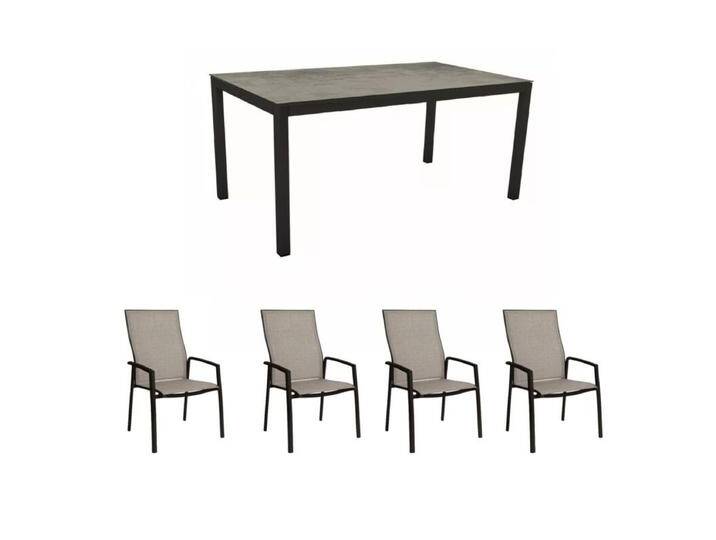 Stern Gartenmöbel-Set mit Stuhl Kari Plus und Tisch Classic Aluminium/HPL 160x90 cm, 5-teilig - Gestelle Alu schwarz matt Sitz Textil Leinen grau Tischplatte HPL Zement von Stern
