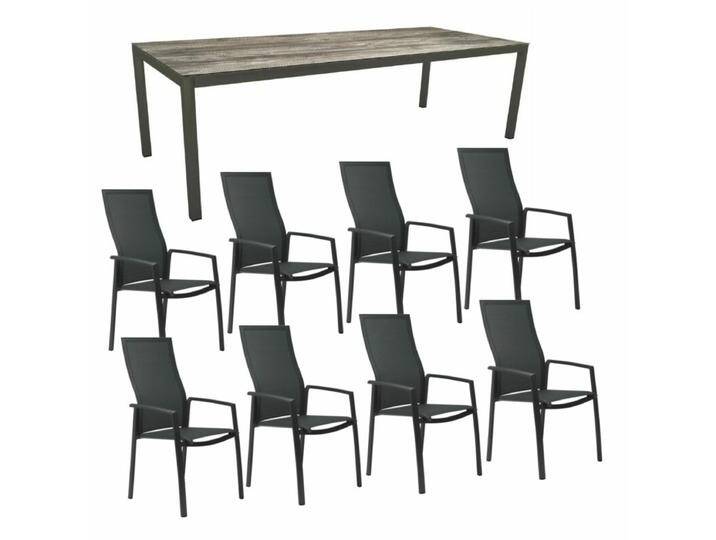 Stern Gartenmöbel-Set mit Stuhl Kari hoch und Tisch Classic Aluminium anthrazit/HPL 250×100 cm, 9-teilig - Gestell Alu anthrazit Sitz karbon Tischplatte HPL Tundra Grau von Stern
