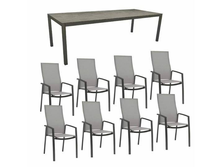 Stern Gartenmöbel-Set mit Stuhl Kari hoch und Tisch Classic Aluminium anthrazit/HPL 250×100 cm, 9-teilig - Gestell Alu anthrazit Sitz silber Tischplatte HPL Zement von Stern