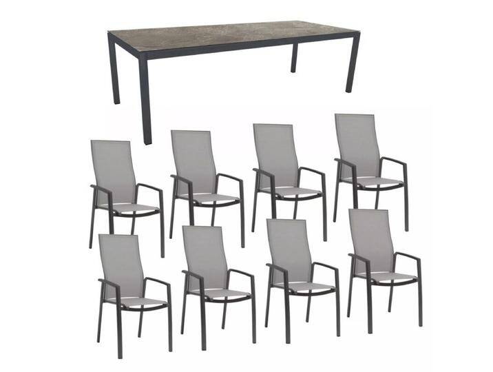 Stern Gartenmöbel-Set mit Stuhl Kari hoch und Tisch Classic Aluminium anthrazit/HPL 250×100 cm, 9-teilig - Gestelle Alu anthrazit Sitz Textil silber Tischplatte HPL Slate Stone von Stern