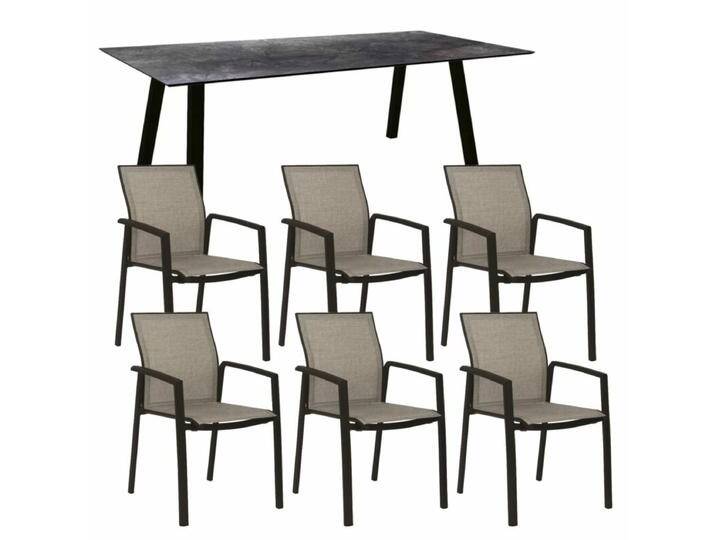 Stern Gartenmöbel-Set mit Stuhl Kari und Tisch Interno 7-teilig - Gestell Alu schwarz matt Sitz Leinen grau Tischplatte HPL Dark Marble von Stern