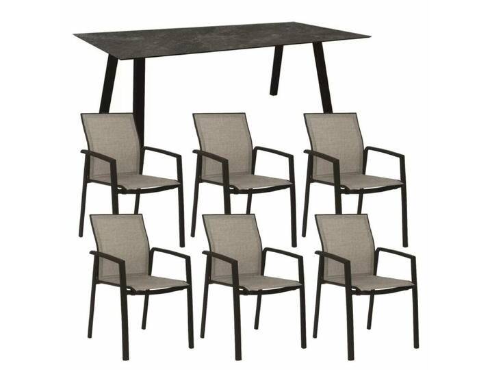 Stern Gartenmöbel-Set mit Stuhl Kari und Tisch Interno 7-teilig - Gestell Alu schwarz matt Sitz Leinen grau Tischplatte HPL Slate von Stern