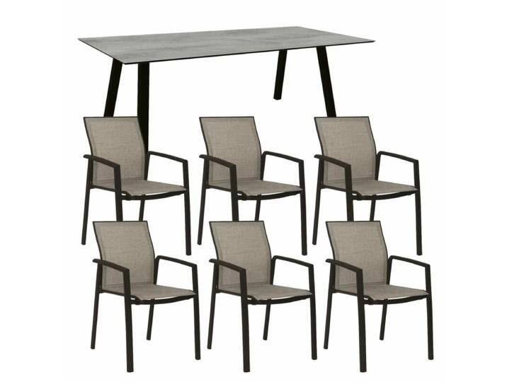 Stern Gartenmöbel-Set mit Stuhl Kari und Tisch Interno 7-teilig - Gestell Alu schwarz matt Sitz Leinen grau Tischplatte HPL Zement von Stern