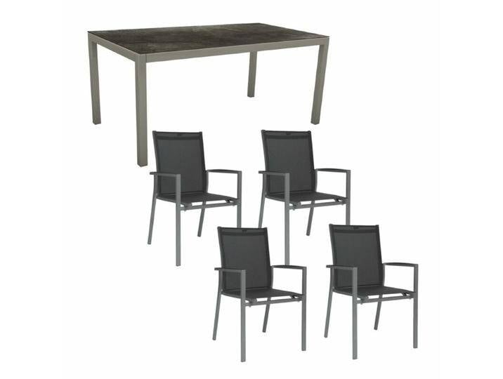 Stern Gartenmöbel-Set mit Stuhl New Levanto und Tisch Classic Aluminium/HPL 130x80 cm, 5-teilig - Gestelle Alu graphit Sitz Textil silbergrau Tischplatte HPL Dark Marble von Stern