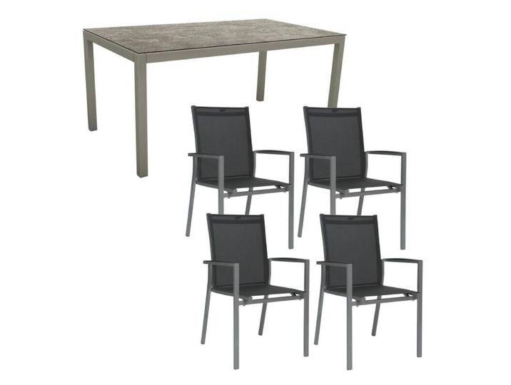 Stern Gartenmöbel-Set mit Stuhl New Levanto und Tisch Classic Aluminium/HPL 160x90 cm, 5-teilig - Gestelle Alu graphit Sitz Textil silbergrau Tischplatte HPL Slate Stone von Stern