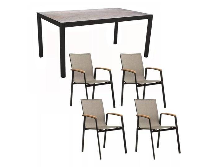 Stern Gartenmöbel-Set mit Stuhl New Top und Tisch Classic Aluminium/HPL 5-teilig - Gestell Alu schwarz matt Sitz Leinen grau Tischplatte HPL Smoky von Stern