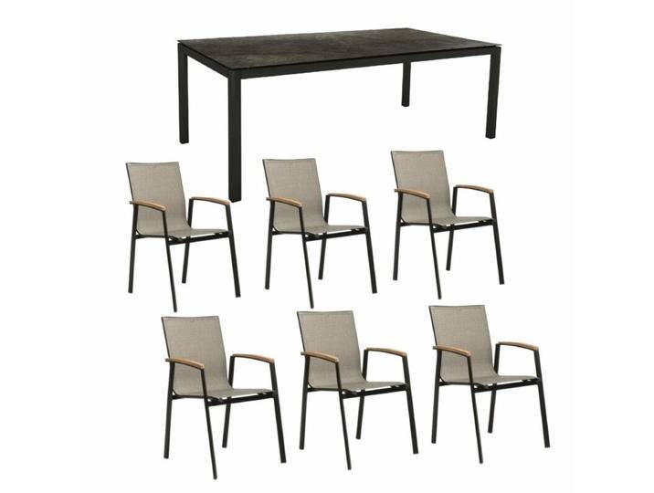 Stern Gartenmöbel-Set mit Stuhl New Top und Tisch Classic Aluminium/HPL 7-teilig - Gestell Alu schwarz matt Sitz Leinen grau Tischplatte HPL Dark Marble von Stern