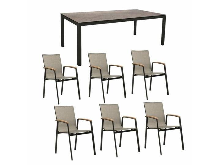 Stern Gartenmöbel-Set mit Stuhl New Top und Tisch Classic Aluminium/HPL 7-teilig - Gestell Alu schwarz matt Sitz Leinen grau Tischplatte HPL Smoky von Stern