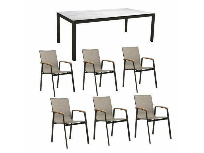Stern Gartenmöbel-Set mit Stuhl New Top und Tisch Classic Aluminium/HPL 7-teilig - Gestell Alu schwarz matt Sitz Leinen grau Tischplatte HPL Zement hell von Stern