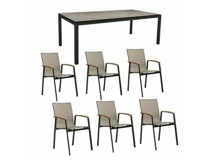 Stern Gartenmöbel-Set mit Stuhl New Top und Tisch Classic Aluminium/HPL 7-teilig - Gestell Alu schwarz matt Sitz Leinen grau Tischplatte HPL Zement von Stern