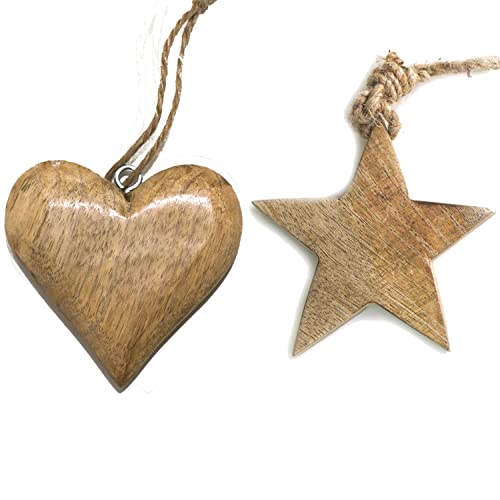 Dekoset aus Mangoholz Stern und Herz zum aufhängen 10cm inkl. Natur Kordel Weihnachten Christbaumschmuck #100 von Sternfabrik