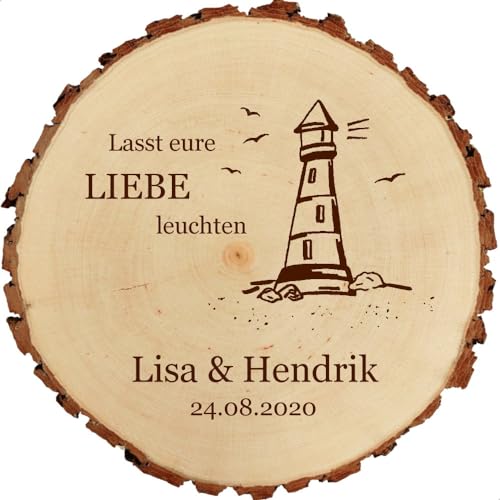 Baumscheibe 18cm mit Gravur (Namen, Datum) personalisierte Holz-Scheibe mit Leuchtturm, Hochzeitsgeschenke Geschenkidee Jubiläum Hochzeitsdeko, MotivH2 von Sterngraf