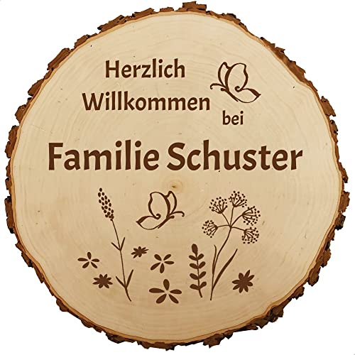 Baumscheibe 30cm mit Gravur (Namen) personalisierte Holz-Scheibe Schild Herzlich Willkommen, Namensschild Türschild, originelle Geschenkidee Geschenke zum Einzug Richtfest, MotivGA3 von Sterngraf