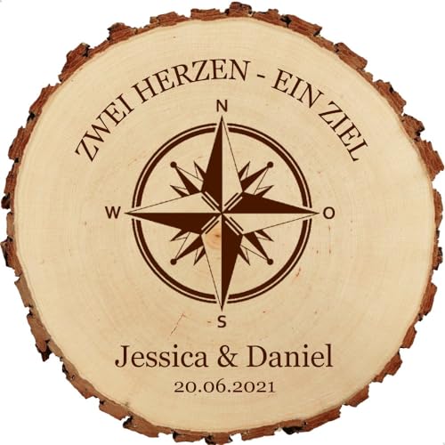 Baumscheibe 18cm mit Gravur (Namen, Datum) personalisierte Holz-Scheibe mit Kompass, Hochzeitsgeschenke Geschenkidee Jubiläum Hochzeitsdeko, MotivH1 von Sterngraf