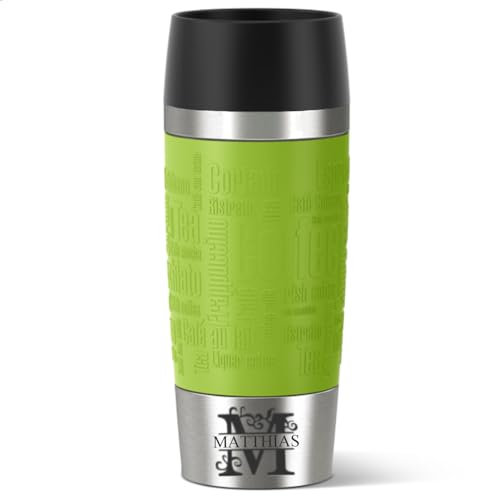 Emsa Isolierbecher 360ml mit Gravur Monogramm/Buchstabe (+ Name) Travel Mug Manschette limette grün, personalisierter Kaffeebecher Teebecher, Motiv MO1 von Sterngraf