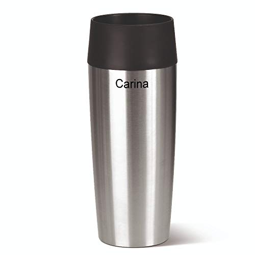 Emsa Isolierbecher MIT Gravur - Oben - (z.B. Namen) TRAVEL Mug 360ml Edelstahl Silber, 4h heiß/ 8h kalt, 100% dicht, auslaufsicher, Kaffee & Tee Thermo to-go-Becher von Sterngraf
