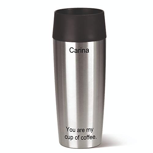 Emsa Isolierbecher MIT Gravur - Oben & UNTEN - (z.B. Namen) TRAVEL Mug 360ml Edelstahl Silber, 4h heiß/ 8h kalt, 100% dicht, auslaufsicher, Kaffee & Tee Thermo to-go-Becher von Sterngraf