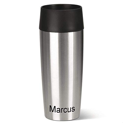 Emsa Isolierbecher MIT Gravur - UNTEN - (z.B. Namen) TRAVEL Mug 360ml Edelstahl Silber, 4h heiß/ 8h kalt, 100% dicht, auslaufsicher, Kaffee & Tee Thermo to-go-Becher von Sterngraf