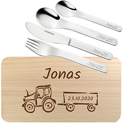 Frühstücks-Set mit Gravur (Name, Datum), Holz Brettchen Buche mit Kinderbesteck, personalisierte Geschenk-Idee zum Geburtstag, Schulanfang, Geburt/Taufe, Trecker Motiv F4 von Sterngraf