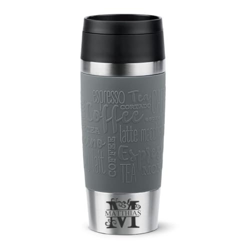 Isolierbecher 360ml mit Gravur Monogramm/Buchstabe (+ Name) Travel Mug Manschette pfeffergrau/grau, personalisierter Kaffeebecher Teebecher, Motiv MO1 von Sterngraf