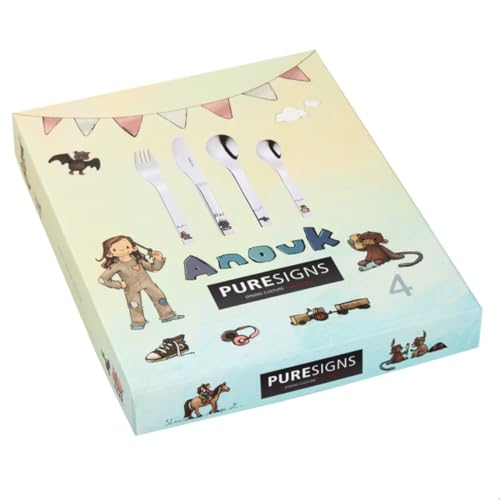 Kinderbesteck Anouk 4tlg mit Gravur (zB Namen) von Puresigns inkl. Namensgravur auf der Rückseite, personalisiertes Geschenk zur Geburt/Taufe von Sterngraf