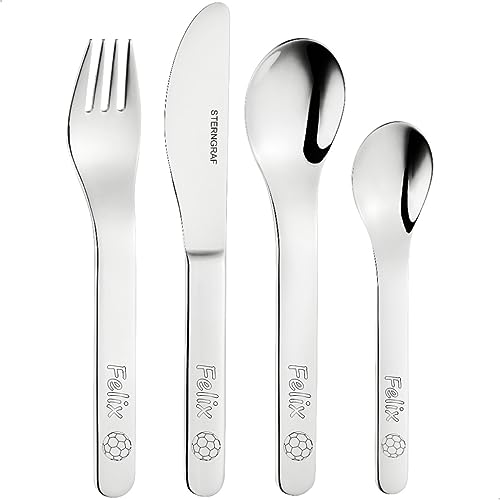 Kinderbesteck mit Gravur Fussball + Name 4tlg personalisiert mit Namensgravur auf der Vorderseite - Gravurbesteck Geburtsbesteck Taufbesteck von Sterngraf