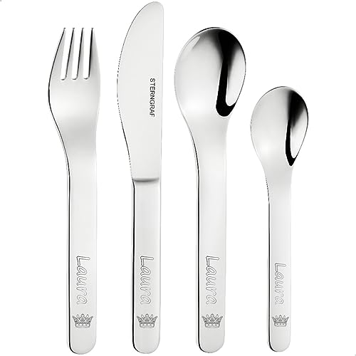 Kinderbesteck mit Gravur Krone + Name 4tlg personalisiert mit Namensgravur auf der Vorderseite - Gravurbesteck von Sterngraf