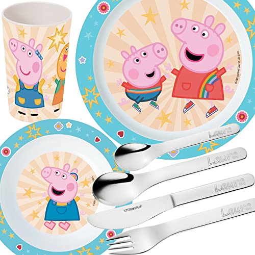 Kinderset Peppa Pig 7tlg. mit Gravur (z.B. Namen) personalisiertes Kinderbesteck mit Namensgravur + Kindergeschirr (Teller, Becher, Schale) von Sterngraf