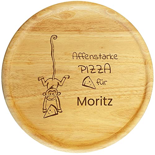Sterngraf Pizzateller mit Gravur (Namen) 32cm - Geschenkidee zum Geburtstag Einschulung Kinder, personalisiertes Holz Pizzabrett lustiges Motiv P27 Affe von Sterngraf