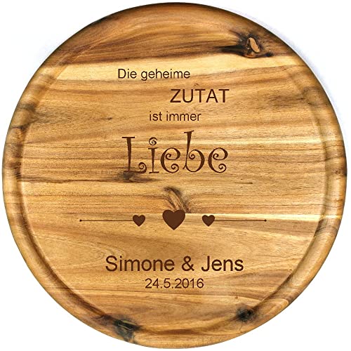 Sterngraf Pizzateller mit Gravur (Namen) personalisiertes Holz Pizzabrett 32cm Akazienholz - Geschenkidee zur Hochzeit, Geschenke Jahrestag Jubiläum Hochzeitsgeschenke, Motiv P16 Geheime Zutat von Sterngraf