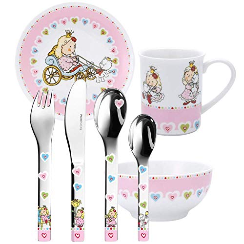 Prinzessin Nelia Kinderset MIT Gravur (z.B. Namen) 7tlg. von Puresigns inkl. Namensgravur auf der Kinderbesteck-Rückseite, Taufgeschenke für Mädchen von Sterngraf